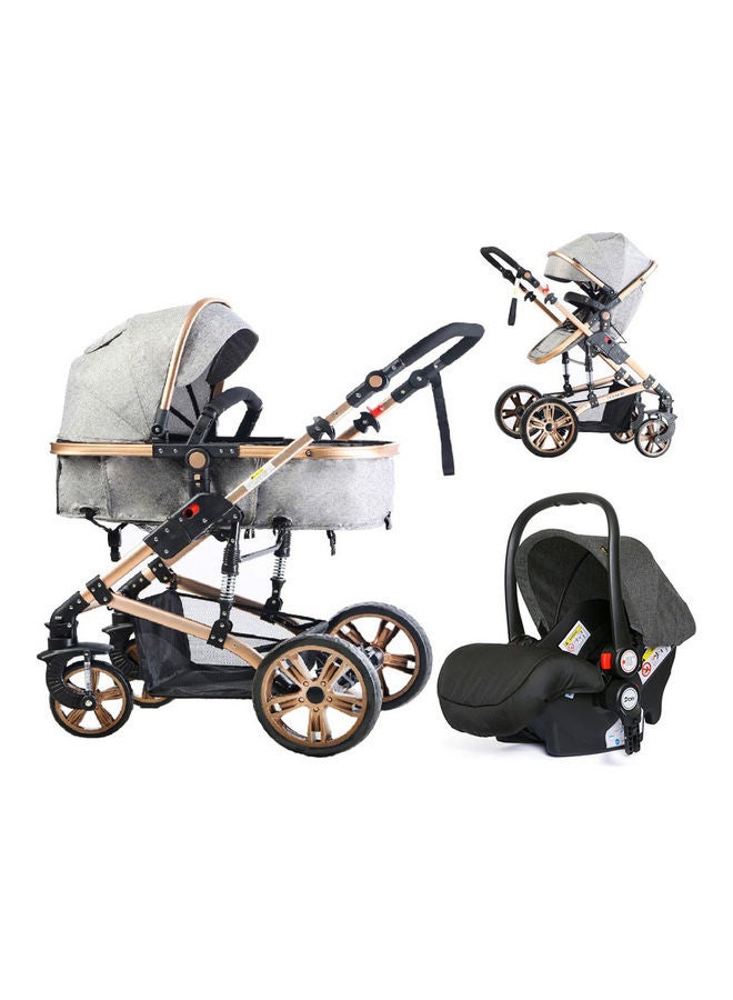 3 In1 Pram Stroller Sleeping Bassinet And Extra Wide Seat With Wide Canopy, Spill Proof Mat - Grey