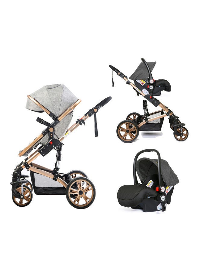 3 In1 Pram Stroller Sleeping Bassinet And Extra Wide Seat With Wide Canopy, Spill Proof Mat - Grey