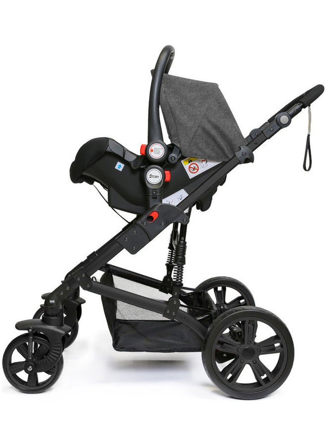 3 In1 Pram Stroller Sleeping Bassinet And Extra Wide Seat With Wide Canopy, Spill Proof Mat - Grey