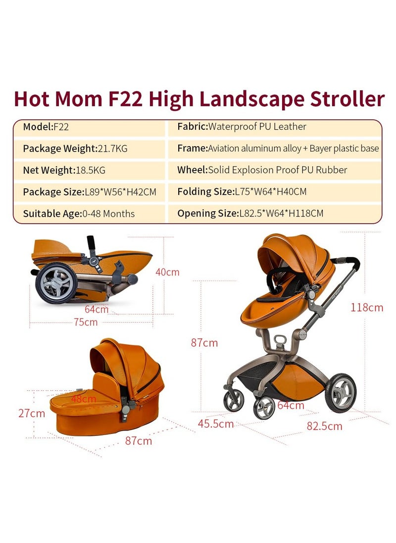 Hot Mom® F22 High Landscape Baby Stroller -Baby Carriage with 3 Way Adjustable Seat Heights and Angles, Four-Wheel Shock Absorption, Reversible, High Landscape and Fashionable [Brown].