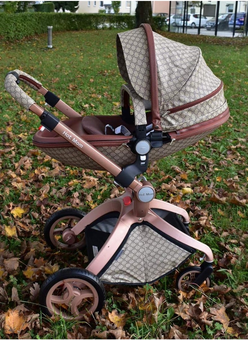 Hot Mom® F22 High Landscape Baby Stroller Limited Edition - Baby Carriage with 3 Way Adjustable Seat Heights and Angles, Four-Wheel Shock Absorption, Reversible, High Landscape and Fashionable [Beige].
