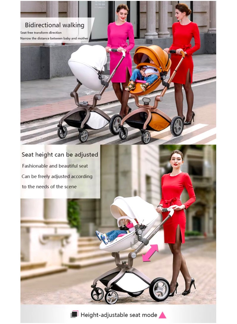Hot Mom® F22 High Landscape Baby Stroller Limited Edition - Baby Carriage with 3 Way Adjustable Seat Heights and Angles, Four-Wheel Shock Absorption, Reversible, High Landscape and Fashionable [Beige].