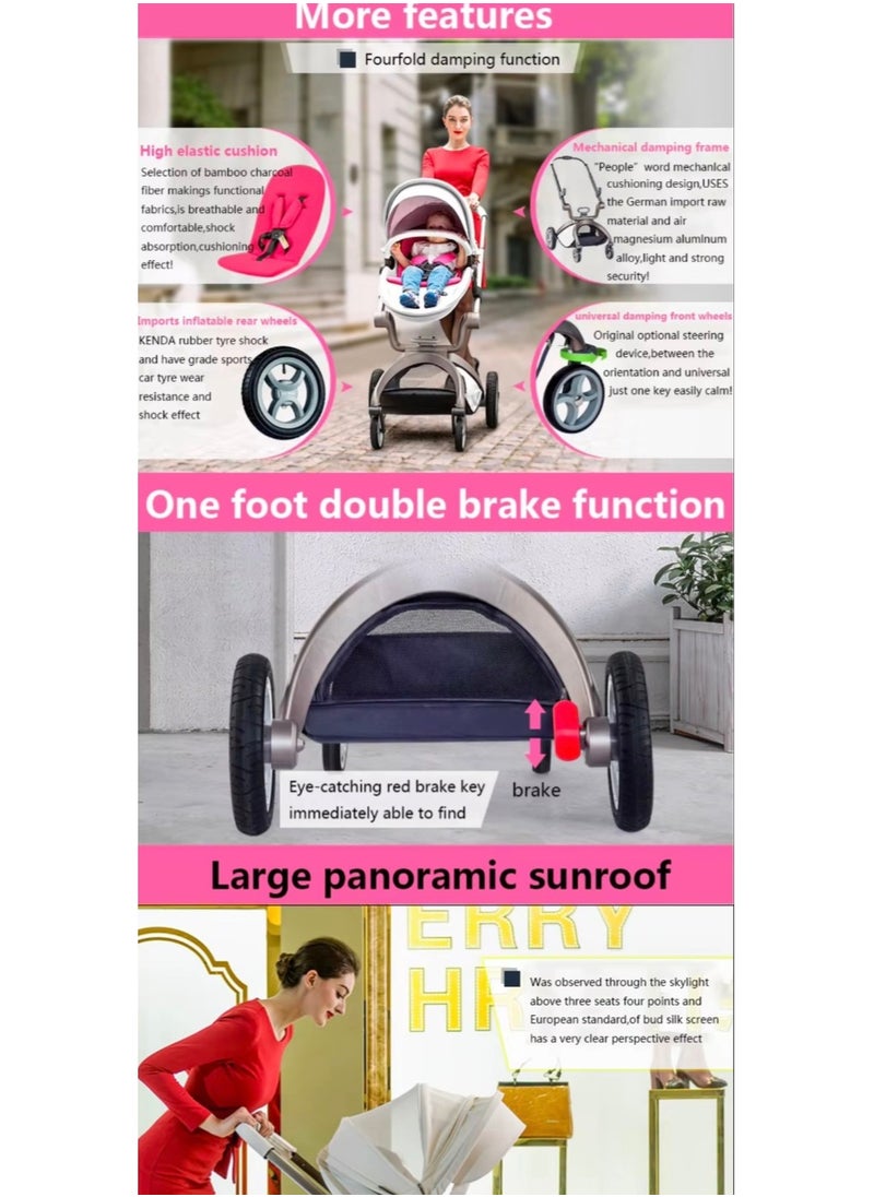 Hot Mom® F22 High Landscape Baby Stroller Limited Edition - Baby Carriage with 3 Way Adjustable Seat Heights and Angles, Four-Wheel Shock Absorption, Reversible, High Landscape and Fashionable [Beige].