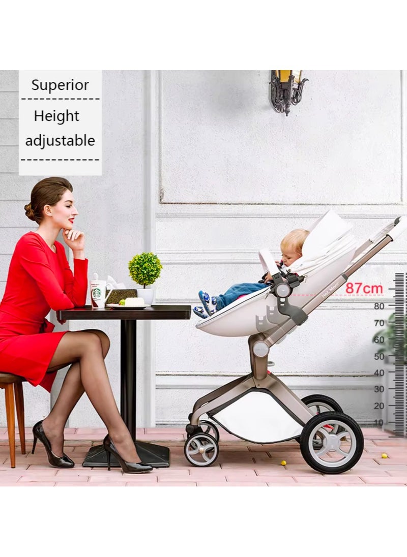 Hot Mom® F22 High Landscape Baby Stroller Limited Edition - Baby Carriage with 3 Way Adjustable Seat Heights and Angles, Four-Wheel Shock Absorption, Reversible, High Landscape and Fashionable [Beige].