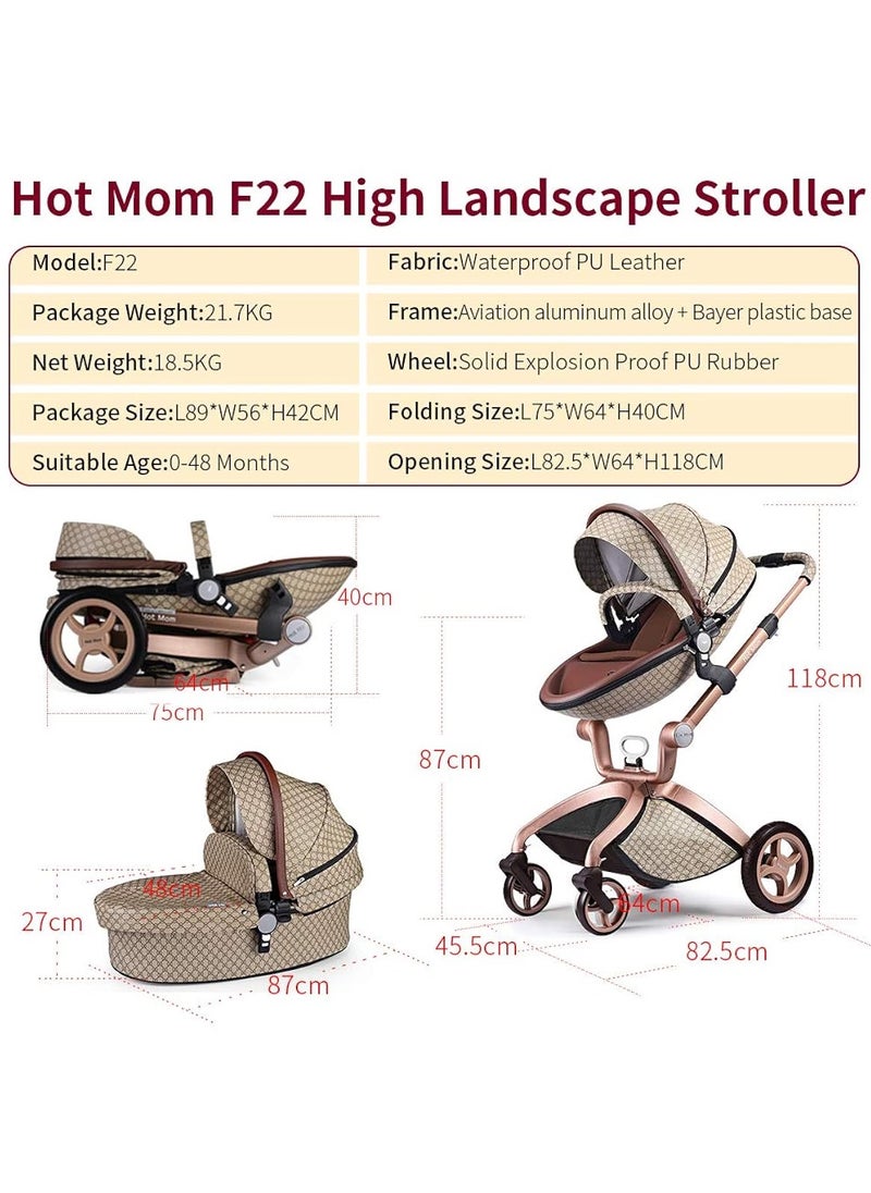 Hot Mom® F22 High Landscape Baby Stroller Limited Edition - Baby Carriage with 3 Way Adjustable Seat Heights and Angles, Four-Wheel Shock Absorption, Reversible, High Landscape and Fashionable [Beige].