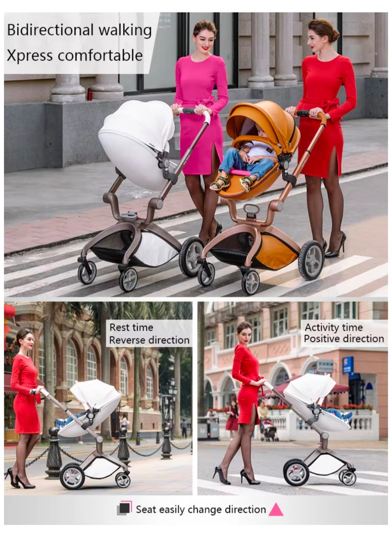 Hot Mom® F22 High Landscape Baby Stroller Limited Edition - Baby Carriage with 3 Way Adjustable Seat Heights and Angles, Four-Wheel Shock Absorption, Reversible, High Landscape and Fashionable [Pearl White].