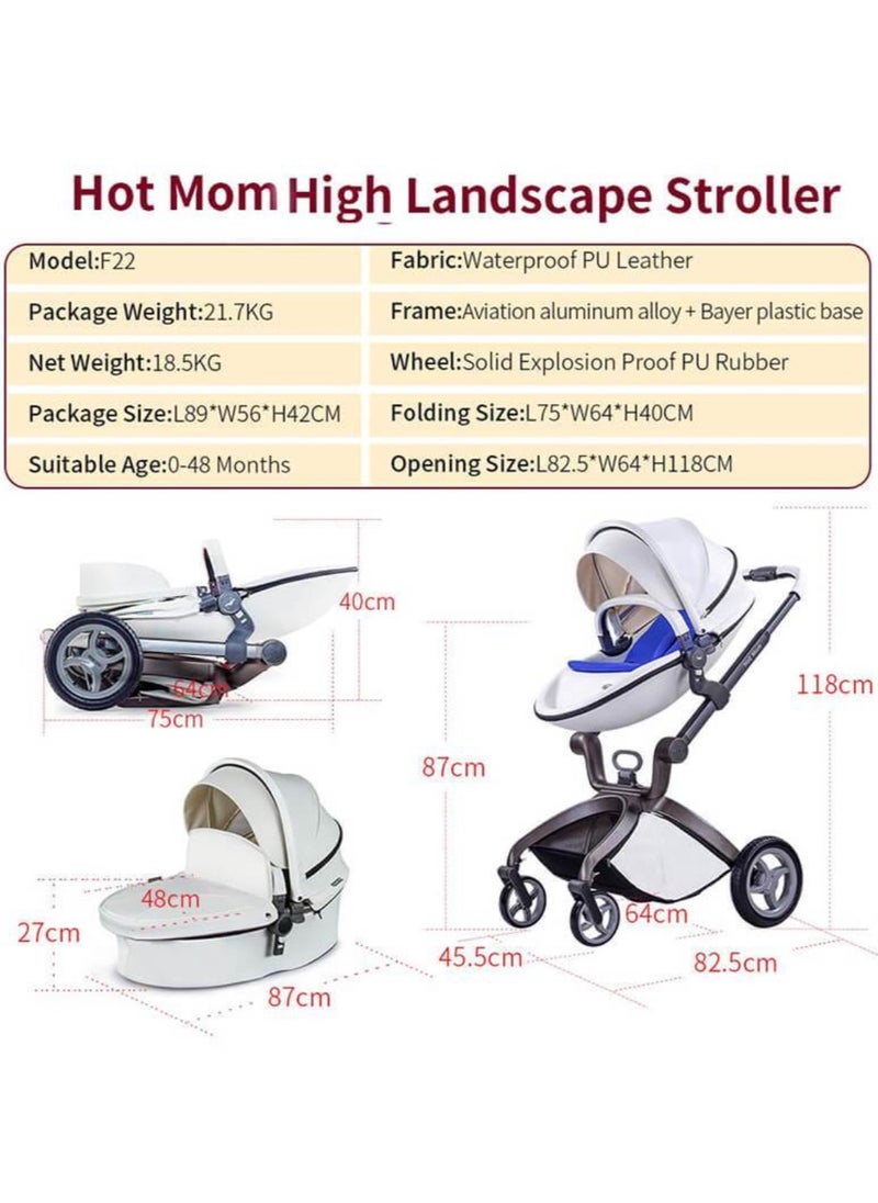 Hot Mom® F22 High Landscape Baby Stroller Limited Edition - Baby Carriage with 3 Way Adjustable Seat Heights and Angles, Four-Wheel Shock Absorption, Reversible, High Landscape and Fashionable [Pearl White].