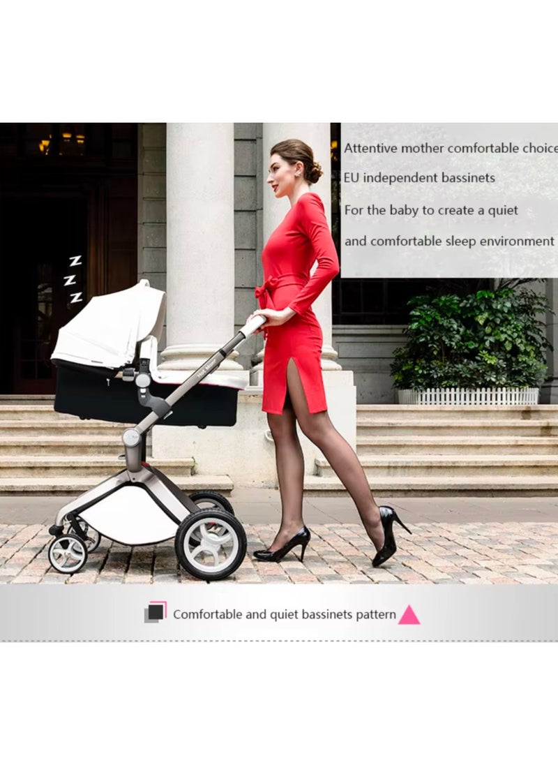 Hot Mom® F22 High Landscape Baby Stroller Limited Edition - Baby Carriage with 3 Way Adjustable Seat Heights and Angles, Four-Wheel Shock Absorption, Reversible, High Landscape and Fashionable [Pearl White].