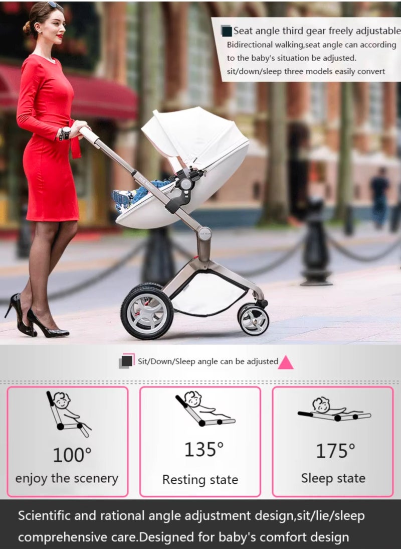 Hot Mom® F22 High Landscape Baby Stroller Limited Edition - Baby Carriage with 3 Way Adjustable Seat Heights and Angles, Four-Wheel Shock Absorption, Reversible, High Landscape and Fashionable [Pearl White].