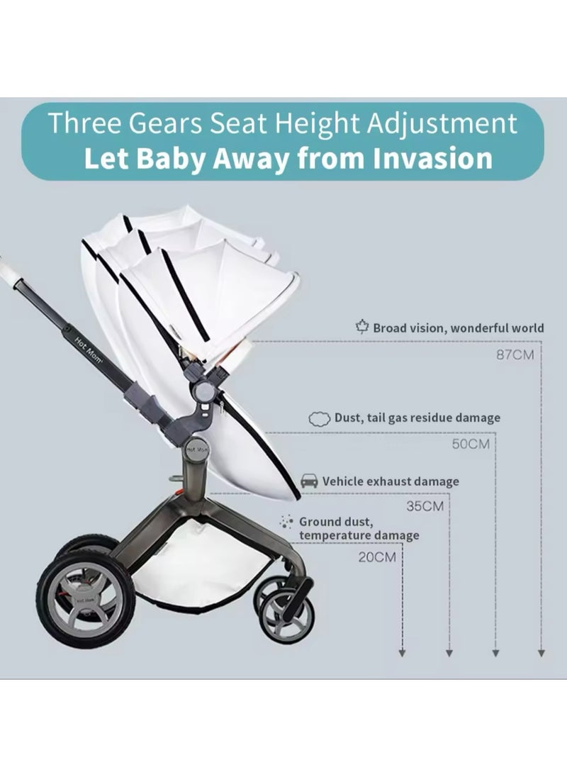 Hot Mom® F22 High Landscape Baby Stroller Limited Edition - Baby Carriage with 3 Way Adjustable Seat Heights and Angles, Four-Wheel Shock Absorption, Reversible, High Landscape and Fashionable [Pearl White].