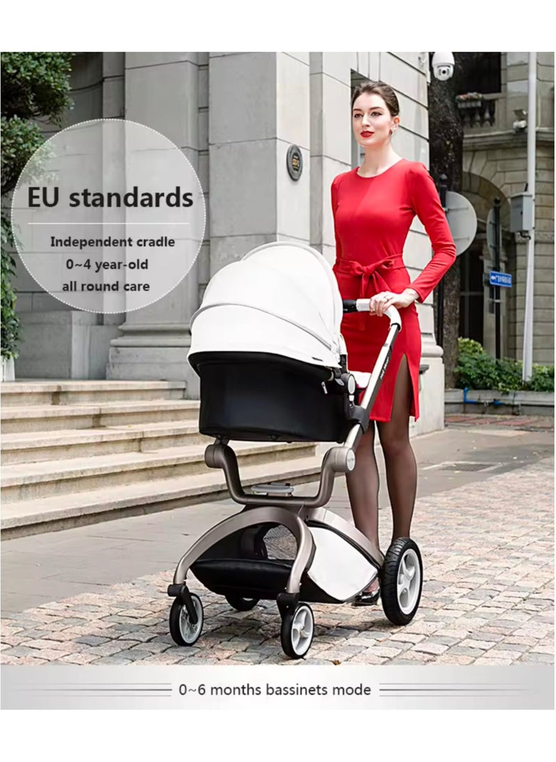 Hot Mom® F22 High Landscape Baby Stroller Limited Edition - Baby Carriage with 3 Way Adjustable Seat Heights and Angles, Four-Wheel Shock Absorption, Reversible, High Landscape and Fashionable [Pearl White].