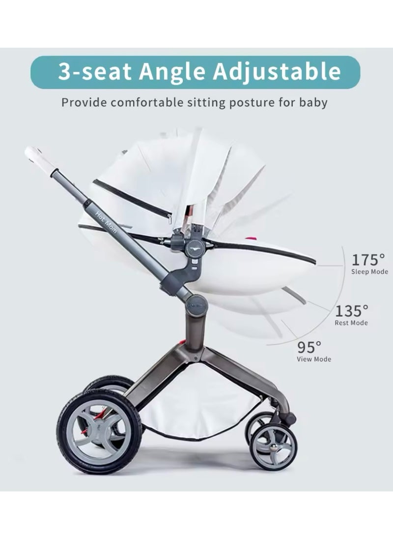 Hot Mom® F22 High Landscape Baby Stroller Limited Edition - Baby Carriage with 3 Way Adjustable Seat Heights and Angles, Four-Wheel Shock Absorption, Reversible, High Landscape and Fashionable [Pearl White].