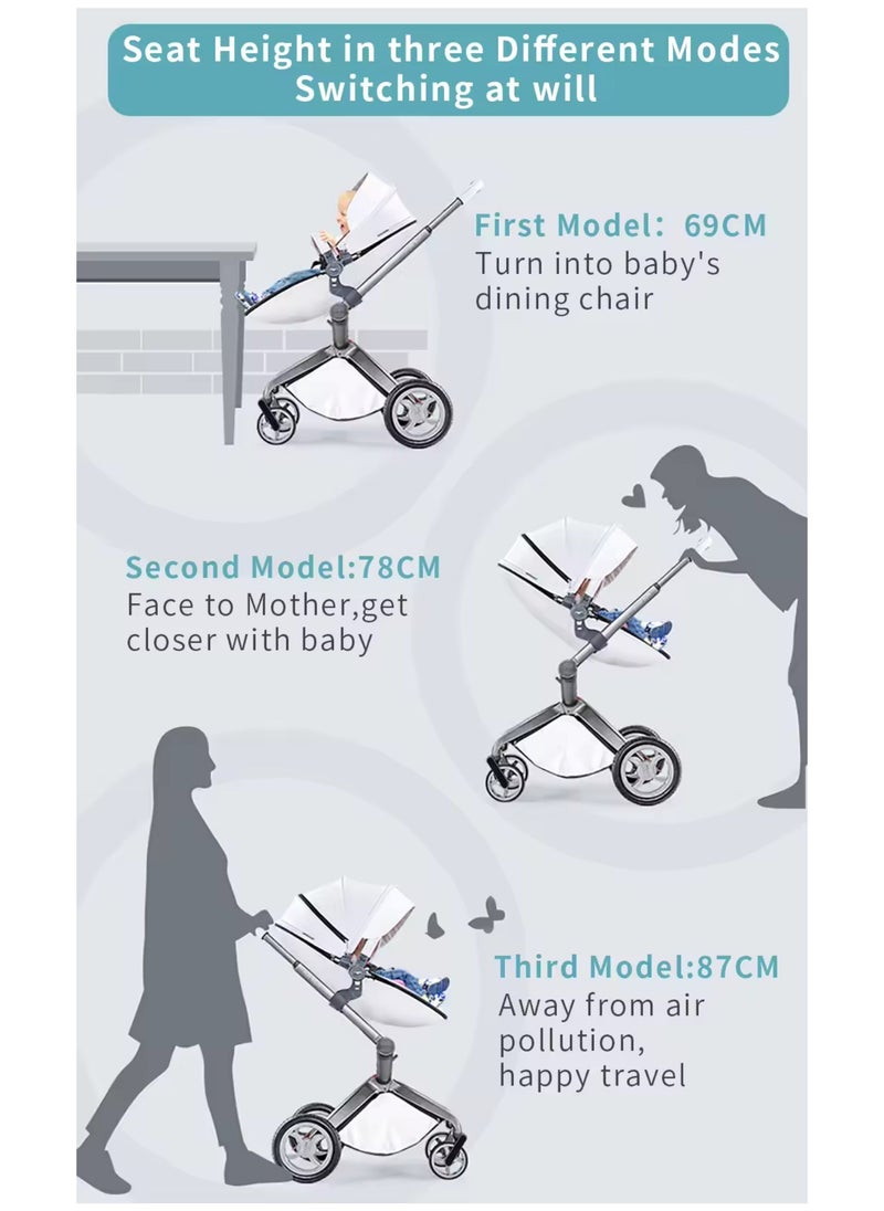 Hot Mom® F22 High Landscape Baby Stroller Limited Edition - Baby Carriage with 3 Way Adjustable Seat Heights and Angles, Four-Wheel Shock Absorption, Reversible, High Landscape and Fashionable [Pearl White].