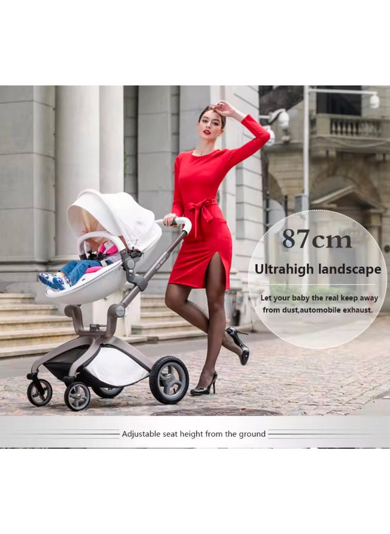 Hot Mom® F22 High Landscape Baby Stroller Limited Edition - Baby Carriage with 3 Way Adjustable Seat Heights and Angles, Four-Wheel Shock Absorption, Reversible, High Landscape and Fashionable [Pearl White].