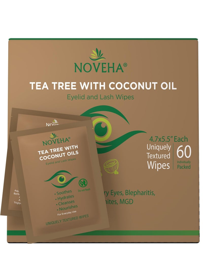 NOVEHA Tea Tree & Coconut Oil Eyelid & Lash Wipes | For Demodex, Blepharitis & Itchy Eyes, Box Of 60 Individually Wrapped Eyelash Wipes With Aloe Vera, Natural Makeup Remover & Daily Eye Cleanser