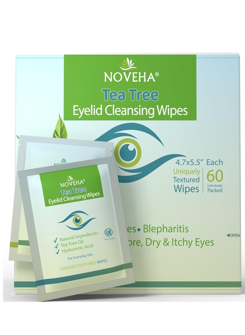 NOVEHA 60PCs Tea Tree Oil Eyelid & Lash Wipes | With Hyaluronic Acid, Green Tea & Chamomile For Blepharitis, Itchy & Stye Eyes, Individually Wrapped, Natural Eyelash Makeup Remover & Daily Cleanser