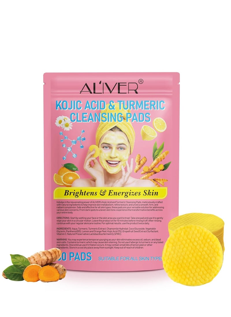 Turmeric Kojic Acid Cleansing Pads, 60 Pcs, Kojic Acid and Turmeric Cleansing Pads, for Face Cleansing and Exfoliation, Help Balance Skin Oil and Water, Deep Clean Pores