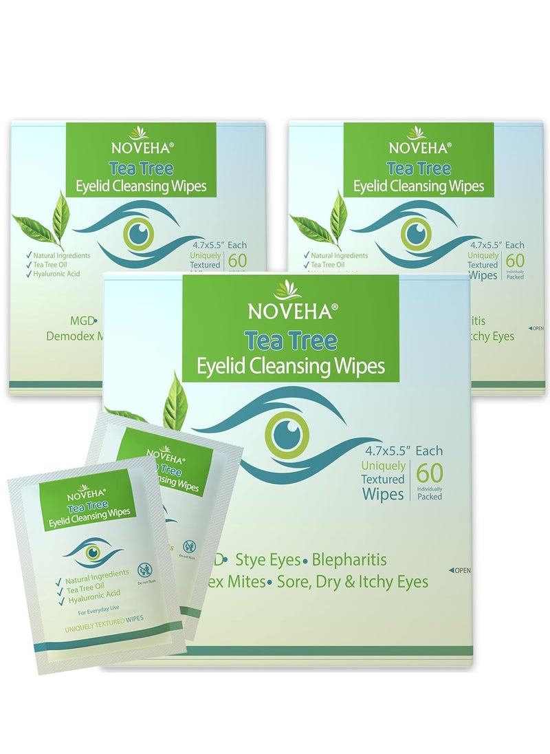 NOVEHA Tea Tree Oil Eyelid & Lash Wipes With Hyaluronic Acid, Green Tea & Chamomile For Blepharitis & Itchy Eyes, Individually Wrapped Eyelash Wipes Natural Makeup Remover & Daily Cleanser (Pack of 3)