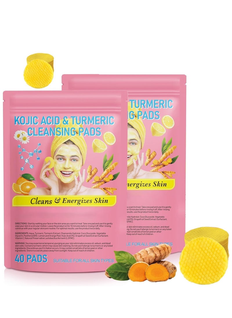 80PCS Turmeric Face Scrub Pads,Turmeric Kojic Acid Cleansing Pads with Vitamin B5, Vitamin C Turmeric, Sugar Turmeric Cleansing Pads for Face (40 Count (Pack of 2))