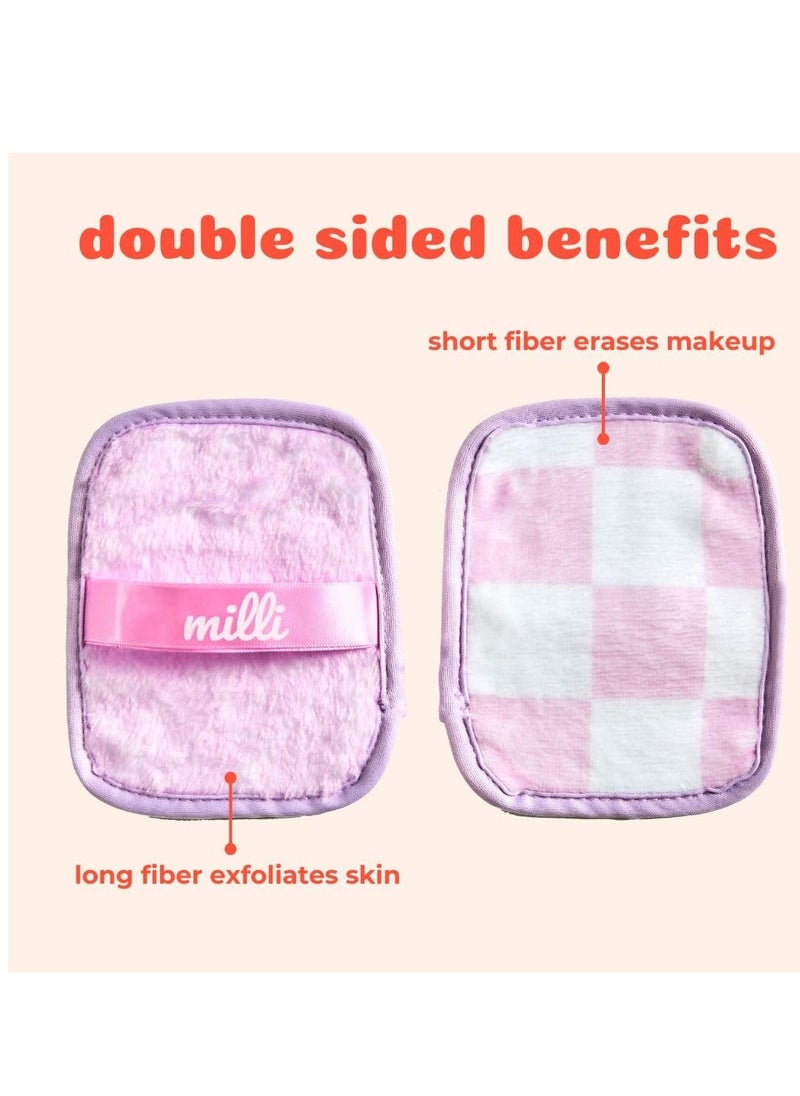 Makeup Remover Cloth - Set of 3 Pink and White Checkered Reusable Microfiber Cleansing Cloths to Gently Remove Mascara, Eyeliner, Eye Shadow, Lipstick with Just Water