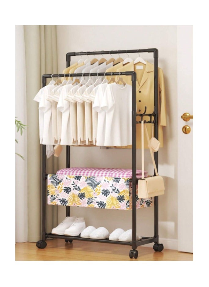 Multifunctional Hanging Wardrobe Rack with Wheels & two storage shelves, Shoe rack, Clothes Organizer, and Hooks