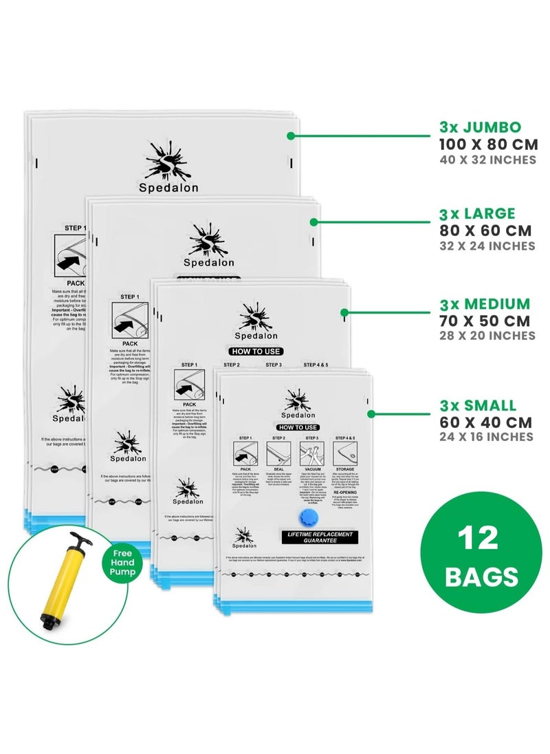 Vacuum Compression Storage Bags with Hand Pump,12-Pack,3-Small(40x60cm),3-Medium(50x70cm),3-Large (60x80cm),3-Jumbo(80x100cm),Clear