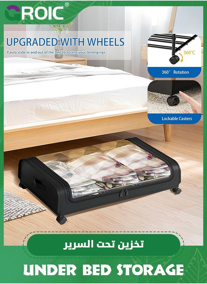 Under Bed Storage with Wheels, Under Bed Shoe Storage Larger Capacity with PVC Clear Window, Under the bed storage Organizer Bins, Rolling Under Bed Metal Drawer for Clothes,Shoes,Toys