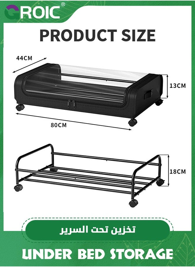 Under Bed Storage with Wheels, Under Bed Shoe Storage Larger Capacity with PVC Clear Window, Under the bed storage Organizer Bins, Rolling Under Bed Metal Drawer for Clothes,Shoes,Toys