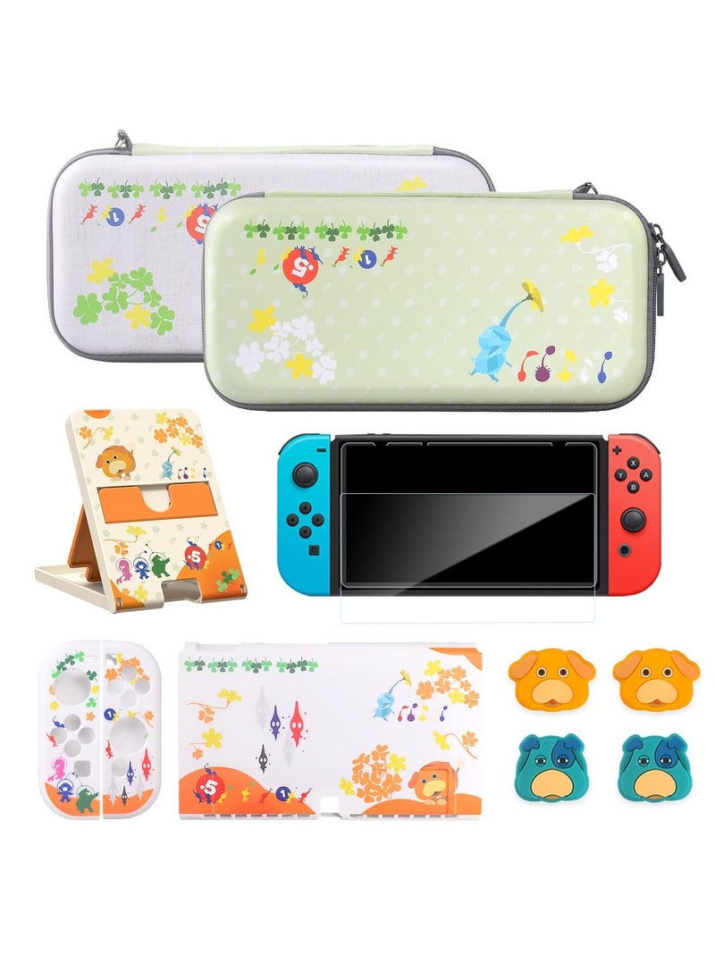 Switch Carrying Case Set Cute Switch Case Bundle for Pikmin Fans with Switch OLED Protective Cover Screen Protector Playstand and Thumb Caps Storage Bag Compatible with Switch OLED and Accessories