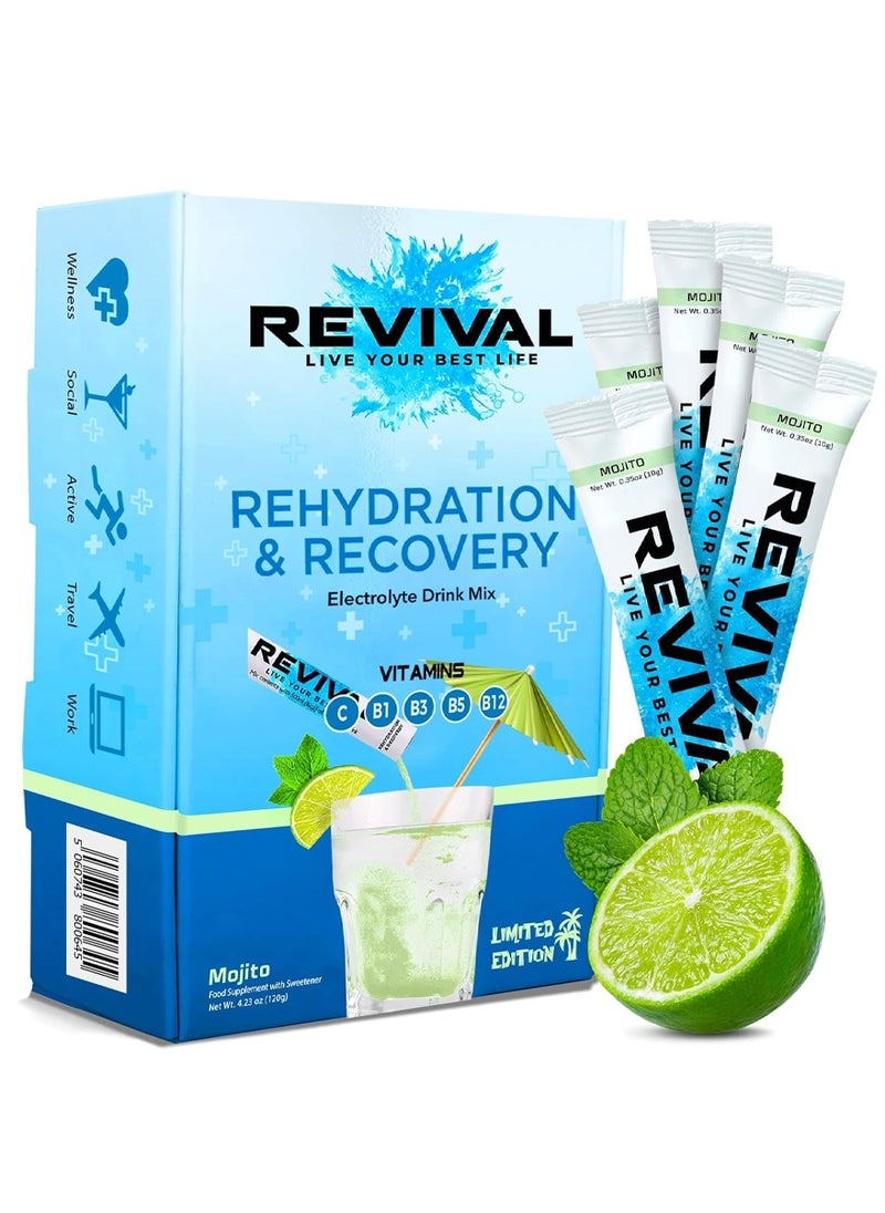 Revival Rapid Rehydration Electrolytes Powder - High Strength Vitamin C, B1, B3, B5, B12 Supplement Sachet Drink, Effervescent Electrolyte Hydration Mojito