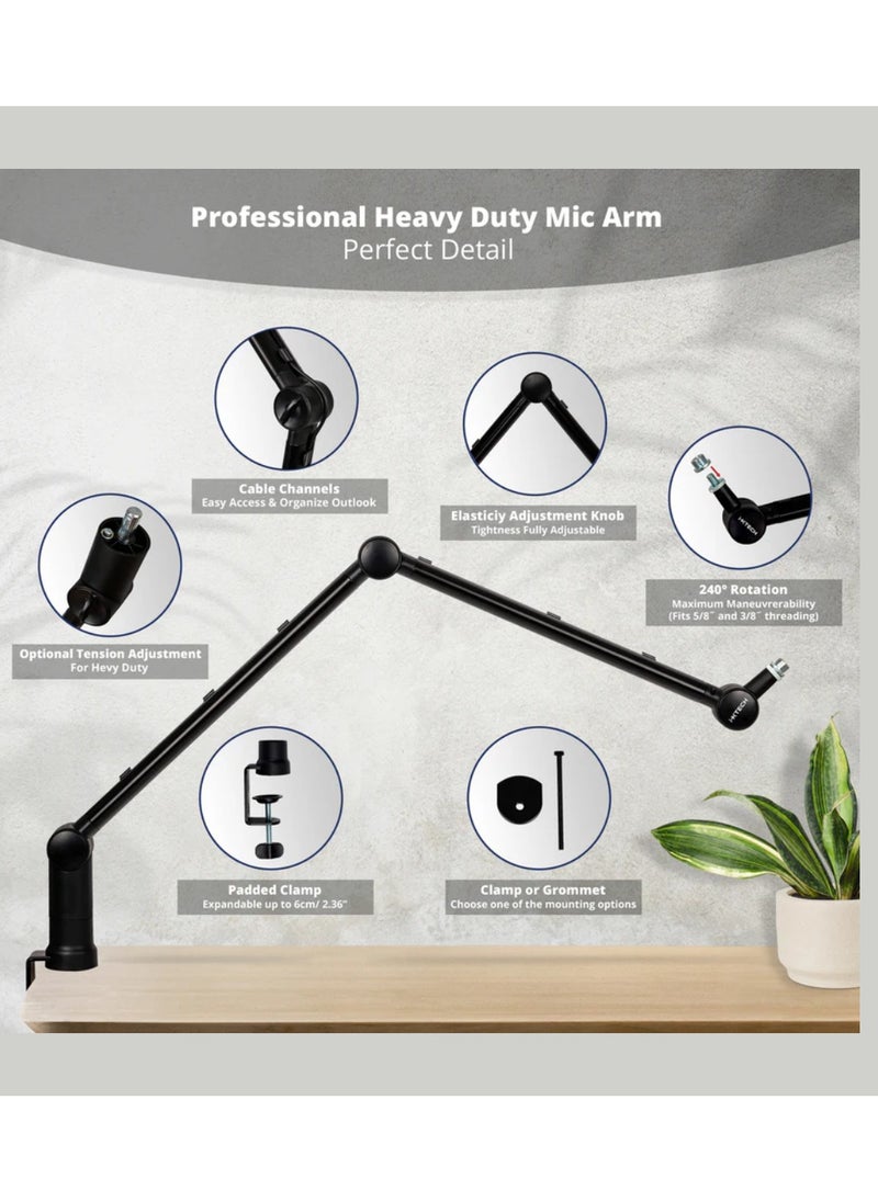 Hero Boom Arm MI01 Adjustable 360° Rotatable Microphone Sturdy Stainless Steel Mic Desk Mic Stand Table Stand Foldable Scissor Stable Mount Arms Microphone Stand For Radio Studio, Podcast, Gaming