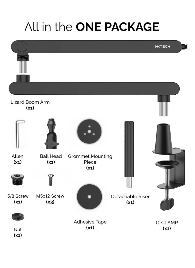 Lizard Boom Arm MI0 Mic Arm Desk Mount, Low Profile 360° Swivel Mic Boom Arm, Adjustable Microphone Arm With Detachable Rise Column And Built-In Cable Management Microphone Stand For Streaming And Recording Mic Stand