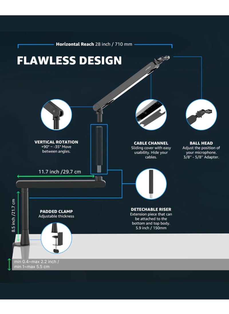 Lizard Boom Arm MI0 Mic Arm Desk Mount, Low Profile 360° Swivel Mic Boom Arm, Adjustable Microphone Arm With Detachable Rise Column And Built-In Cable Management Microphone Stand For Streaming And Recording Mic Stand