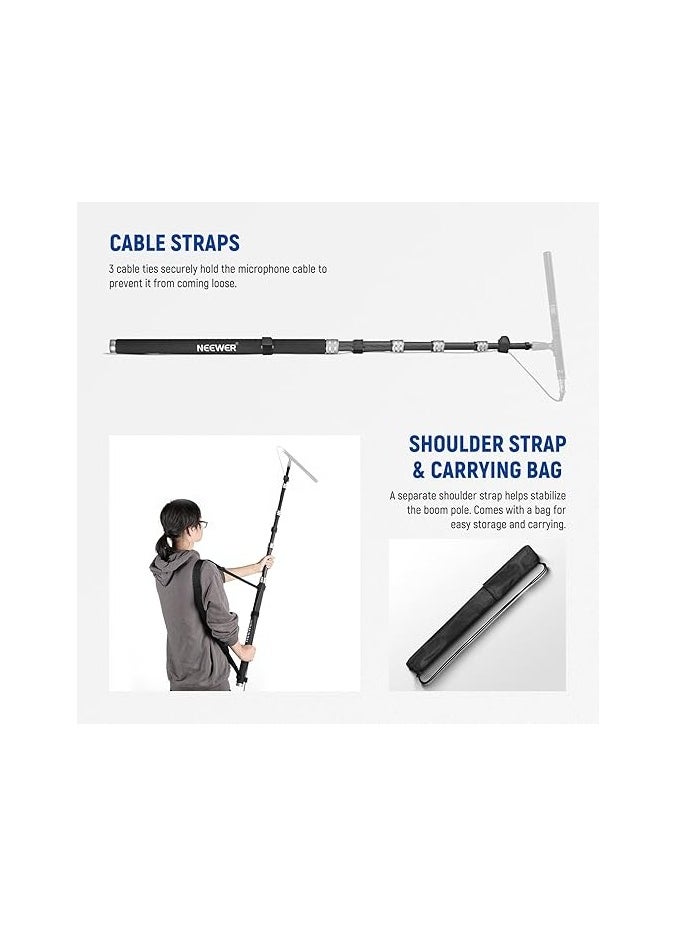 NEEWER Upgraded Microphone Boom Pole, 9.8ft/300cm Telescopic Carbon Fiber Mic Boom Arm with 5 Sections, 1/4” 3/8” 5/8” Screw Adapters, Cable Straps, Shoulder Strap & Storage Bag, MS-300C