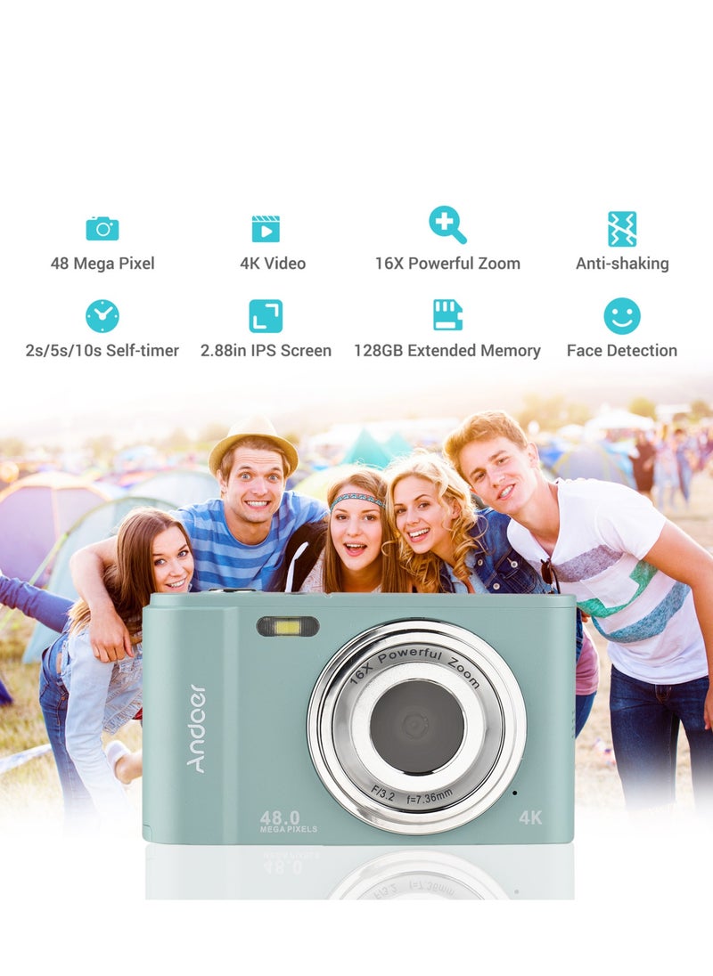 Portable Digital Camera 48MP 2.7K 2.88-inch IPS Screen 16X Zoom Auto Focus Self-Timer 128GB Extended Memory Face Detection Anti-shaking with 2pcs Batteries Hand Strap Carry Pouch