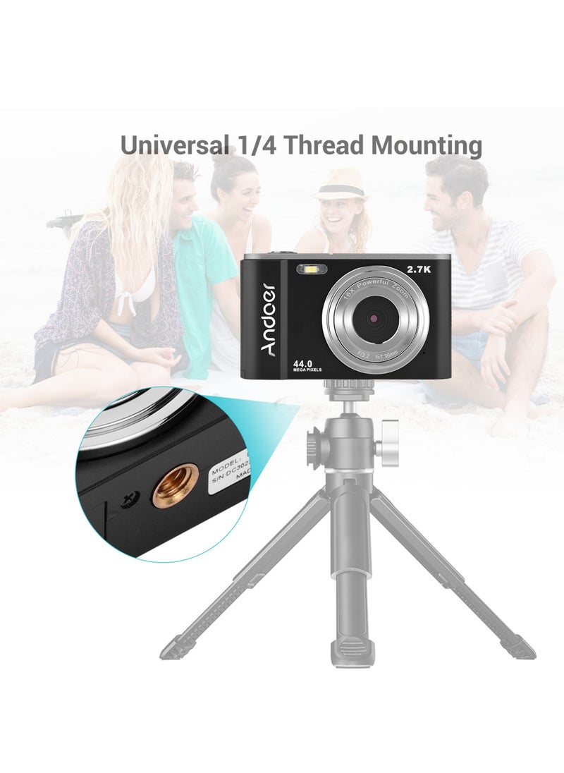 Mini Digital Camera 44MP 2.7K 2.88-inch IPS Screen 16X Zoom Self-Timer 128GB Extended Memory Face Detection Anti-shaking Built-in 2PCS Batteries Universal 1/4 Mounting with Hand Strap Carry Pouch