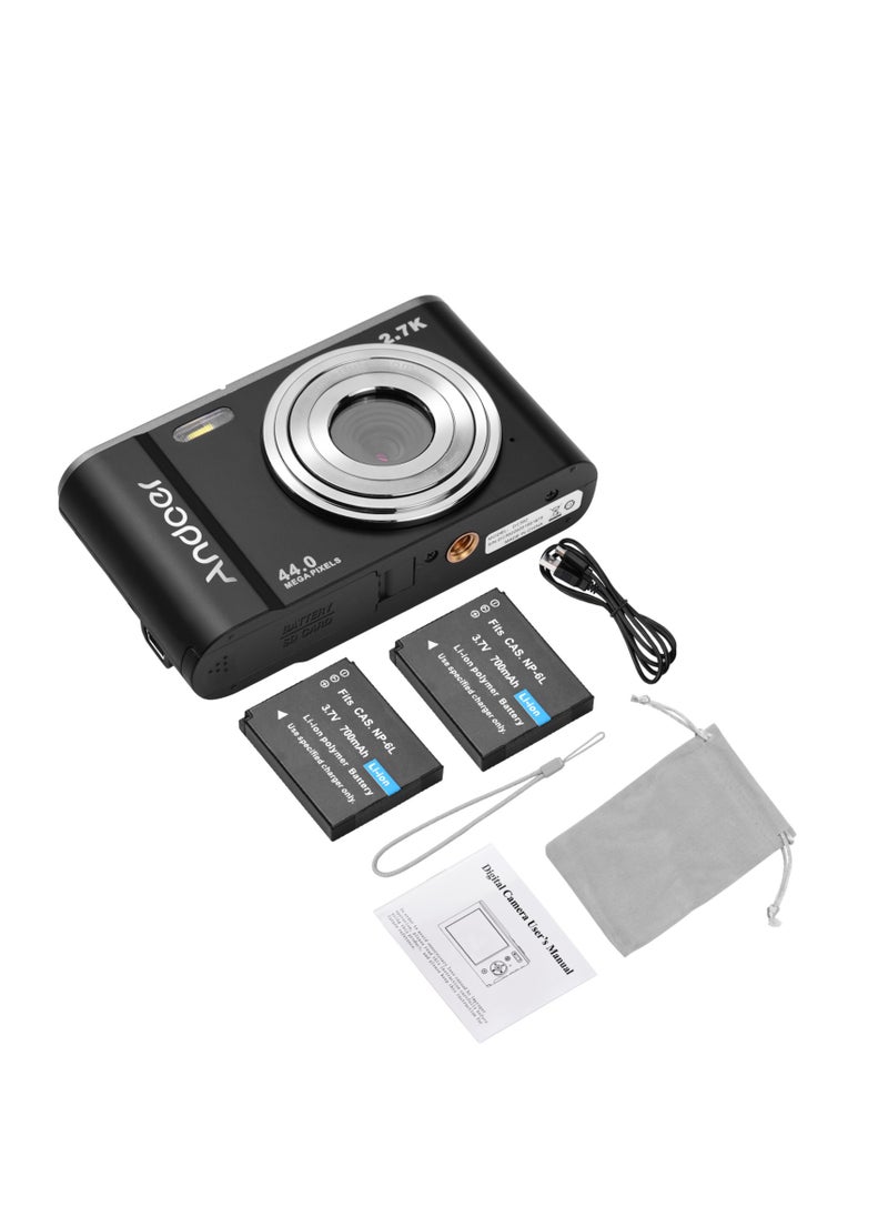 Mini Digital Camera 44MP 2.7K 2.88-inch IPS Screen 16X Zoom Self-Timer 128GB Extended Memory Face Detection Anti-shaking Built-in 2PCS Batteries Universal 1/4 Mounting with Hand Strap Carry Pouch