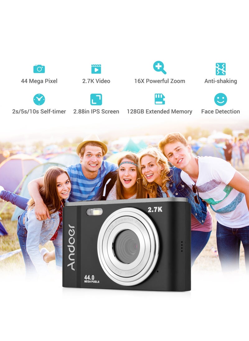 Mini Digital Camera 44MP 2.7K 2.88-inch IPS Screen 16X Zoom Self-Timer 128GB Extended Memory Face Detection Anti-shaking Built-in 2PCS Batteries Universal 1/4 Mounting with Hand Strap Carry Pouch