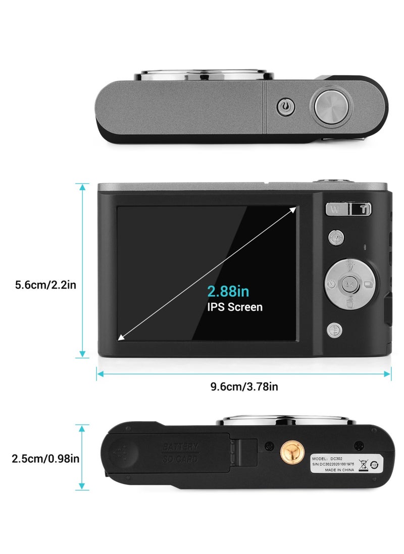 Mini Digital Camera 44MP 2.7K 2.88-inch IPS Screen 16X Zoom Self-Timer 128GB Extended Memory Face Detection Anti-shaking Built-in 2PCS Batteries Universal 1/4 Mounting with Hand Strap Carry Pouch