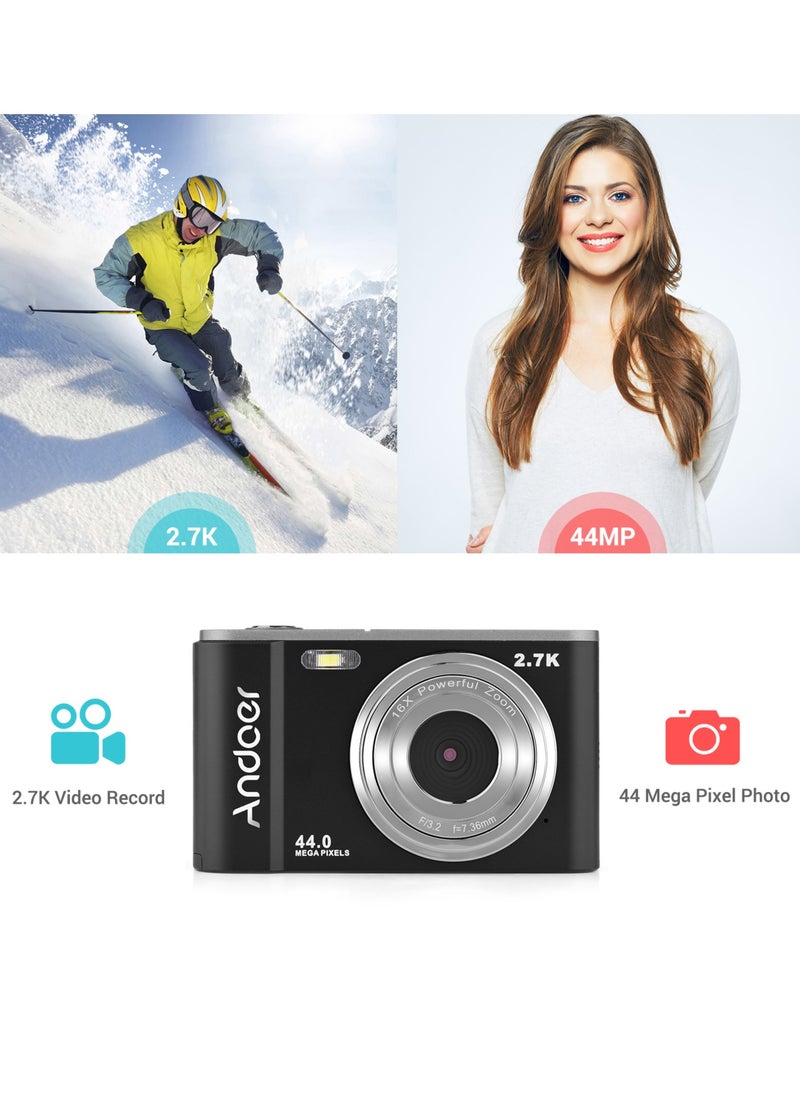 Mini Digital Camera 44MP 2.7K 2.88-inch IPS Screen 16X Zoom Self-Timer 128GB Extended Memory Face Detection Anti-shaking Built-in 2PCS Batteries Universal 1/4 Mounting with Hand Strap Carry Pouch