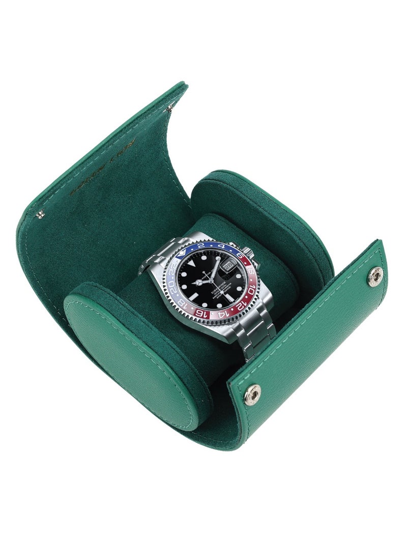 Solo Watch Roll Case /Snap-Button Closure /Leather & Velvet / Protective Interior / Compact Storage / Watch Protecting Pillow / Elegant Cover - Green