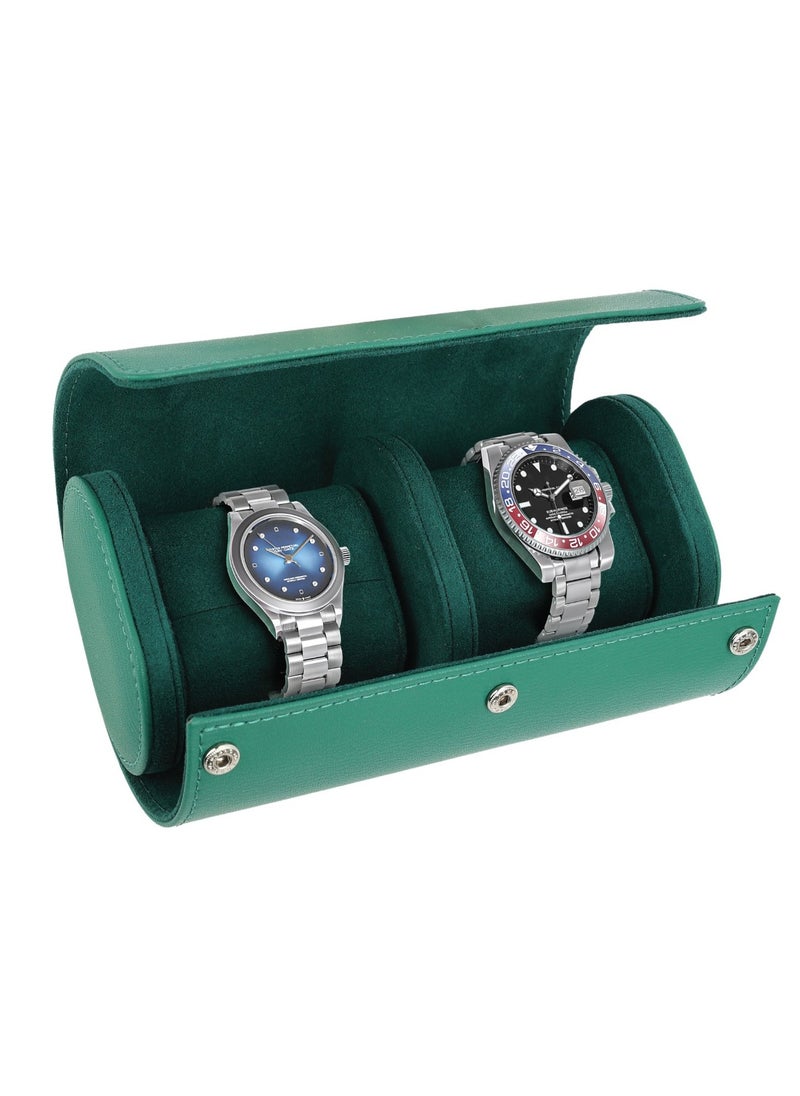 Duo Watch Roll Case /Snap-Button Closure /Leather & Velvet / Protective Interior / Compact Storage / Watch Protecting Pillow / Elegant Cover - Green