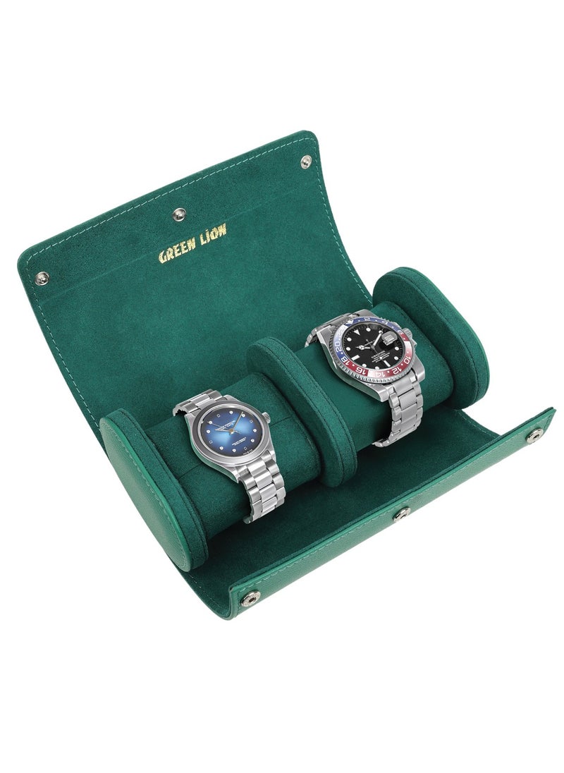 Duo Watch Roll Case /Snap-Button Closure /Leather & Velvet / Protective Interior / Compact Storage / Watch Protecting Pillow / Elegant Cover - Green