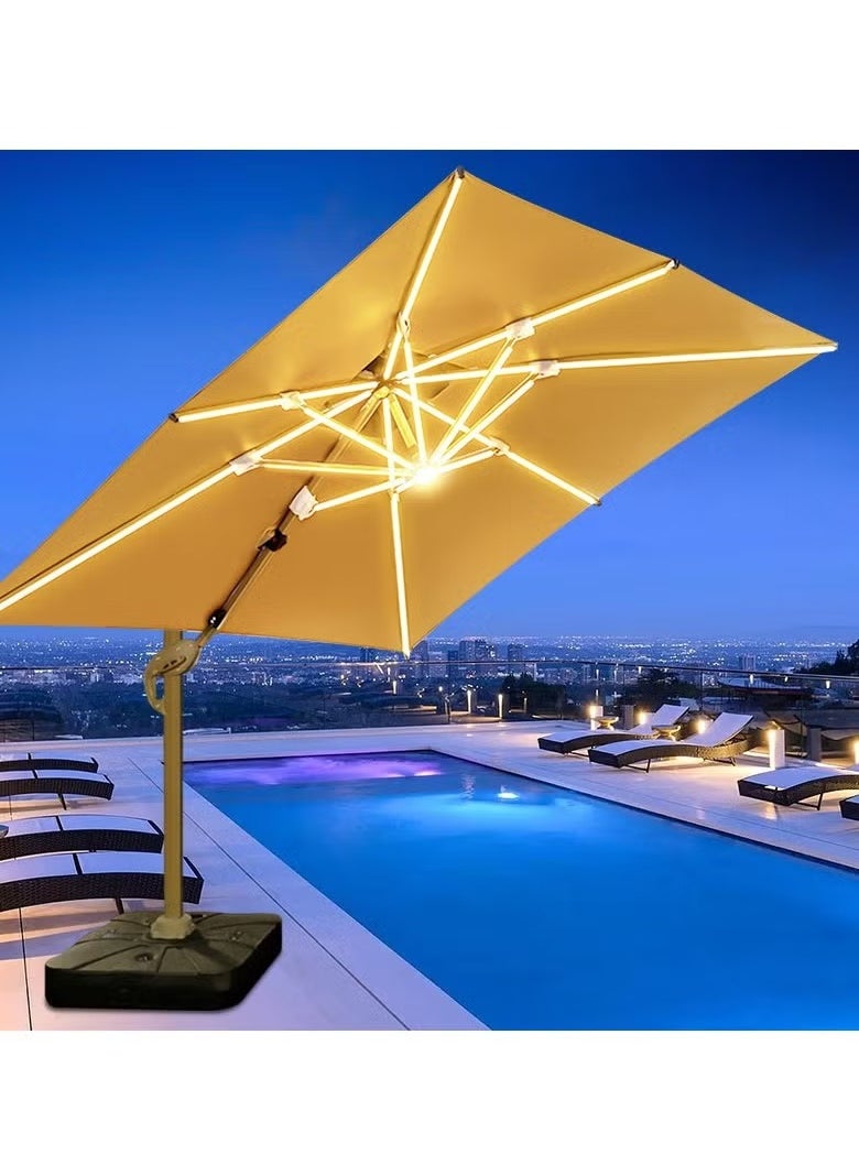 Double Layer Solar Led Bar Patio Umbrella Cantilever Canopy Heavy Duty Sunshade Waterproof Canopy with UV Protection Umbrella With Parasol Base For Garden Pool Balcony