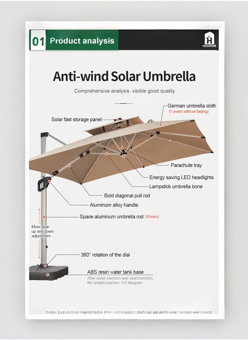 Double Layer Solar Led Bar Patio Umbrella Cantilever Canopy Heavy Duty Sunshade Waterproof Canopy with UV Protection Umbrella With Parasol Base For Garden Pool Balcony