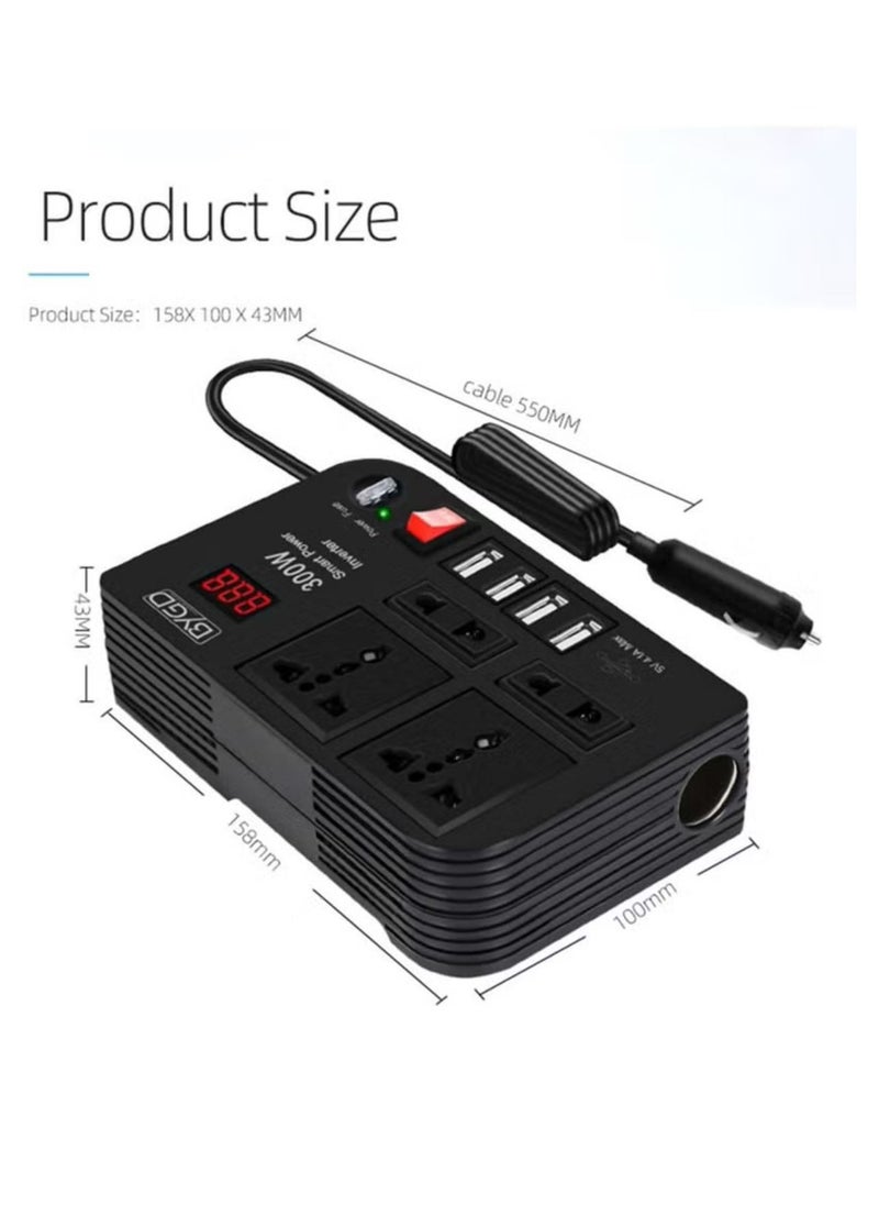 300W Car Power Inverter DC 12V/24V to 220V AC with 4 USB Ports Fast Charging with 2 Universal Sockets with Multifunctional LED Display Photovoltaic Inverter