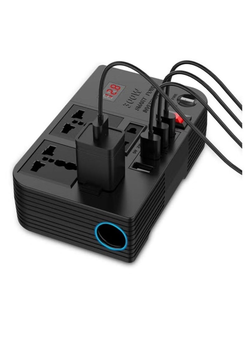 300W Car Power Inverter DC 12V/24V to 220V AC with 4 USB Ports Fast Charging with 2 Universal Sockets with Multifunctional LED Display Photovoltaic Inverter