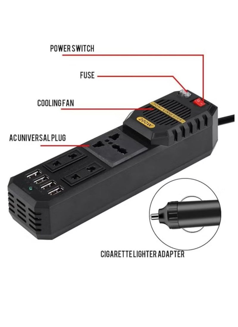 Car Power Inverter 200W DC 12V to AC 220V Car Power Inverter with 4 USB Ports Multi-Protection Car Charger Adapter