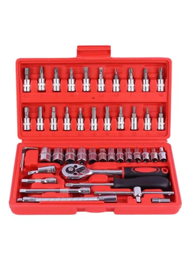 COMFET 46pcs 1/4 Drive Socket wrench set, metric repair tools, Ratchet Wrench Set with 4-14mm Cr-V Sockets, Screwdriver Bits, Extension Bars for Car Bike Repair and Home Maintenance.