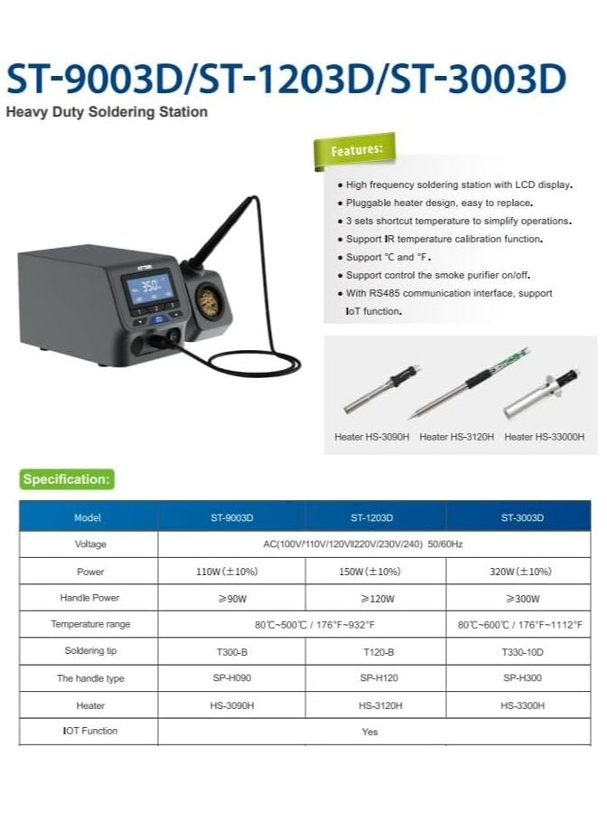 ATTEN ST-9003D 90W Soldering Station High-Power Digital Soldering Iron with Adjustable Temperature Control Fast Heating LCD Display and ESD Protection for Electronics Repair